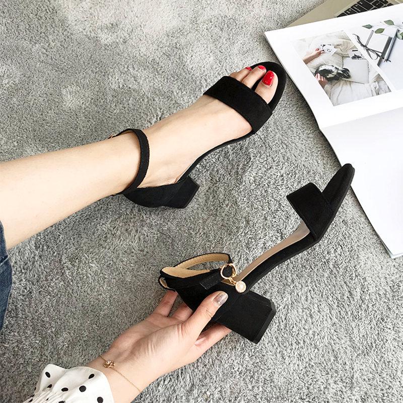 

2021 Summer New Women's Sandals Female Students Buckle High Heels 4.5cm Female Thick Heel Shoes Pink Sandals For Women, 4.5cm black