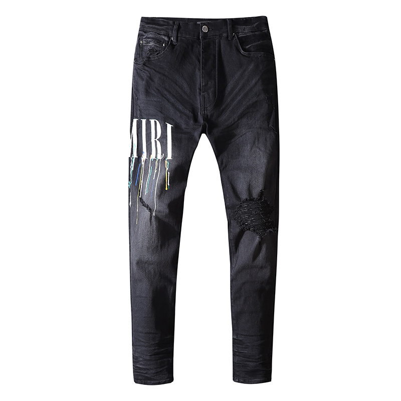 

Mens jeans, European and American fashion letters, embroidery, folds, holes, wash water, old fashion, casual slim-fitting pants teenagers, Black