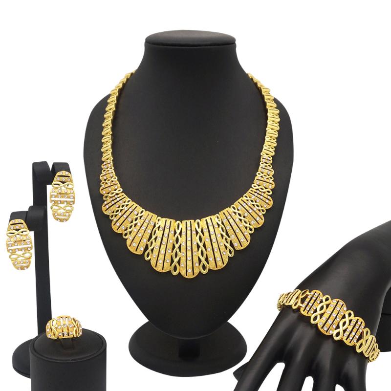 

Earrings & Necklace Designer K Dubai Gold Color Bracelet Ring Jewelry Sets For Women African Party Wedding Bridal Accessories, Silver