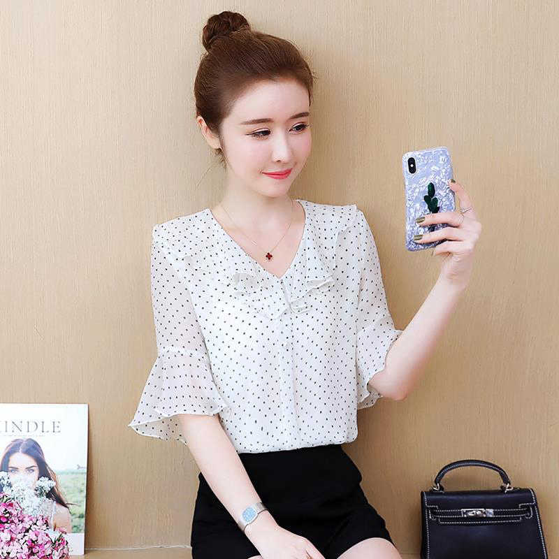 

Women Spring Summer Style Chiffon Blouses Shirts Lady Casual Ruffles Decor Polka Dot Printed Blusas Tops DF2912 210609, Pink