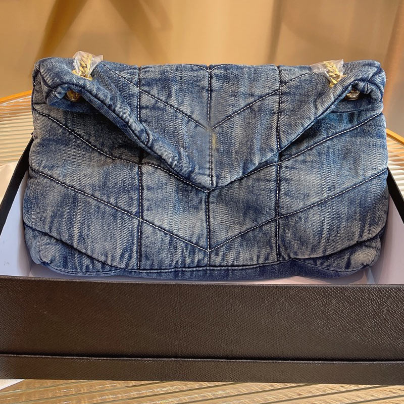 

LouLou Puffer Denim Flap Bag Women Handbags Purse Frosted Cowbody Shoulder Crossbody Bags Classic Letter Golden Chain Wallet Messenger Handbag Evening Clutch, Box
