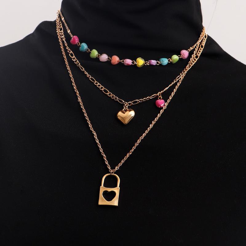 

Pendant Necklaces Fashion For Women Trend Multilayer Hollow Padlock Love Necklace Punk Street Shooting Aesthetic Accessories, Silver