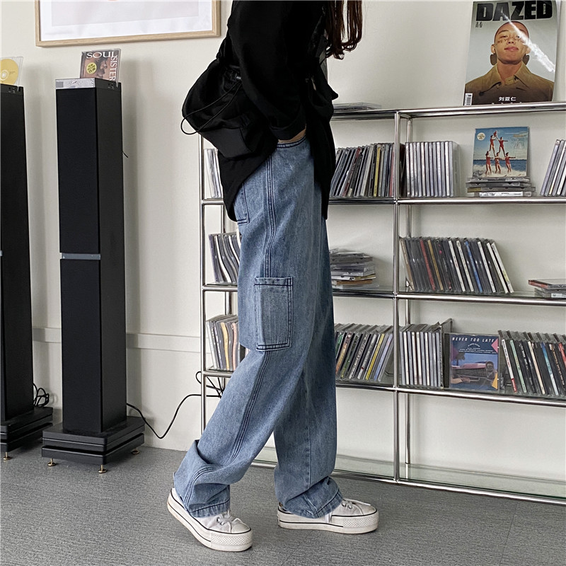 

jeans 2021 spring high waist women's straight tube loose wide leg tooling, Blue