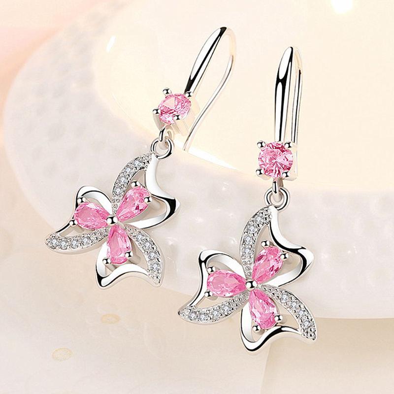 

Dangle & Chandelier Pink Crystal Clover Flowers Zircon Diamonds Gemstones Drop Earrings For Women White Gold Silver Color Jewelry Gifts