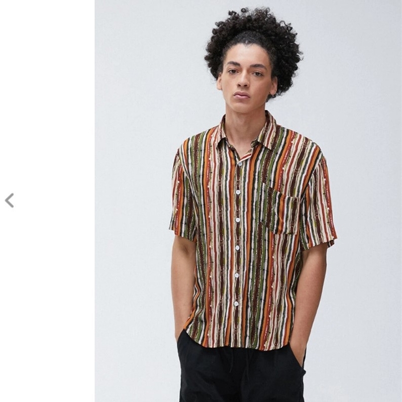 

hawaiian cardigan cotton linen stripe printed short sleeve men's shirt, White;black