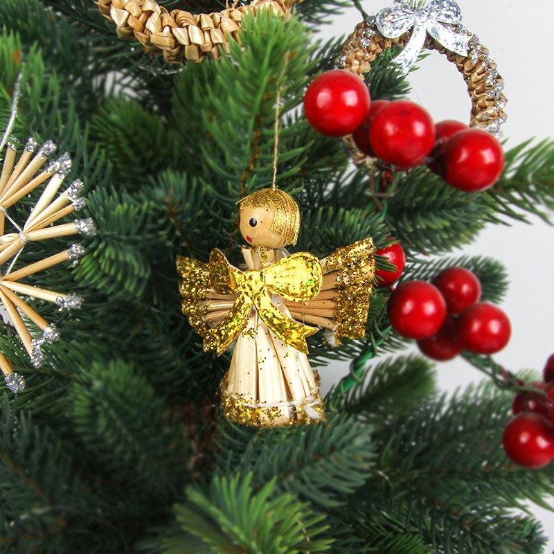 

Christmas Decorations Wreath Tree Natural Wheat Straw Handmade Mini Five-pointed Star Snowflake Little Angel Pendant