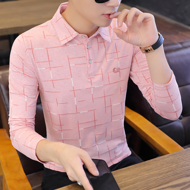 

2021 Spring Summer Men New Long-sleeved Youth Polo Pure Cotton Top Slim Casual Shirt Turn-down Collar Weys, Beige