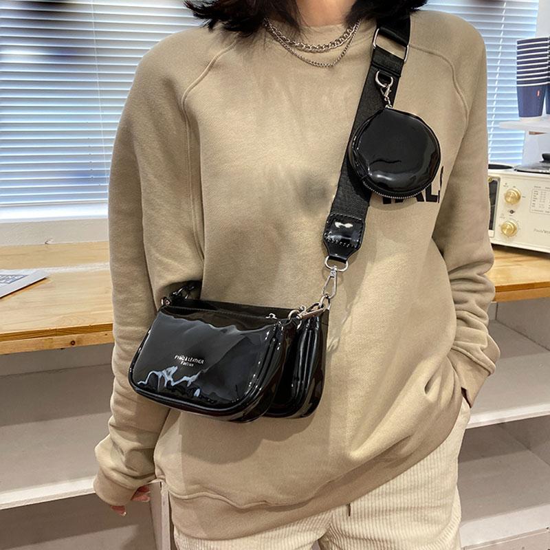 

Three-in-One Women Shoulder Bag Fashion PU Leather Handbags And Purses Wide Strap Designer Crossbody Bags Female Black Small Bag