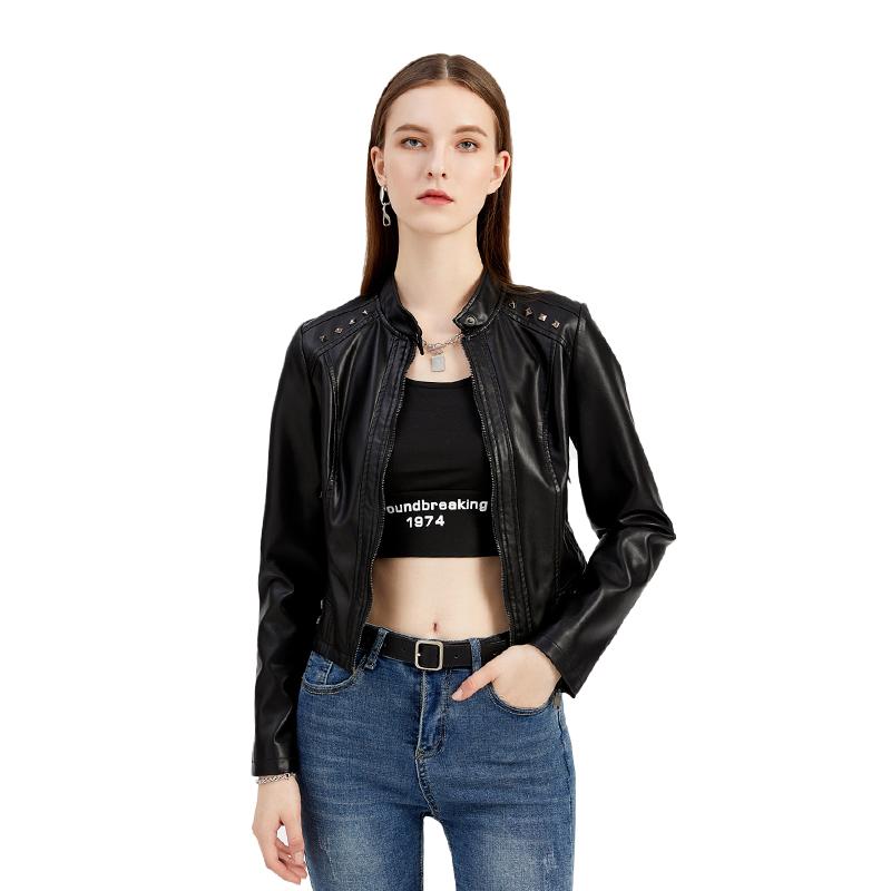 

Women's Leather & Faux Women PU Jacket With Rivet Solid Short Coat Fashion O-Neck Collar High Waist Streetwear Casual Outwear, Black