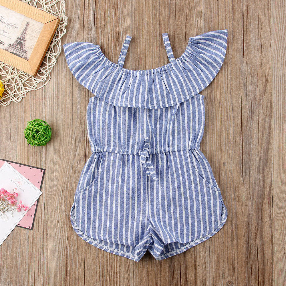 

Brand New Toddler Infant Child Kid Baby Girl Stripe Off Shoulder Romper Jumpsuit Pocket Clothes Ruffled Sunsuit Outfit 1-6Y, Blue