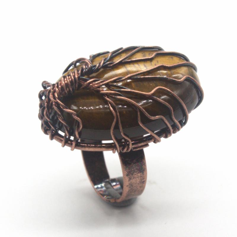 

Wedding Rings Trendy-beads Gorgeous Copper Wire Wrap Resizable Oval Natural Tiger Eye Stone Ring Fashion Jewelry