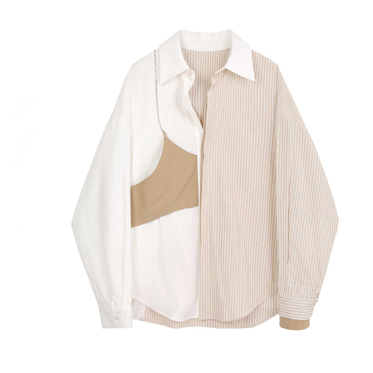 

Design Striped Patchwork Retro Fake Two-piece Loose Top Autumn All Match Shirt Women Blouses 210615, Photo color