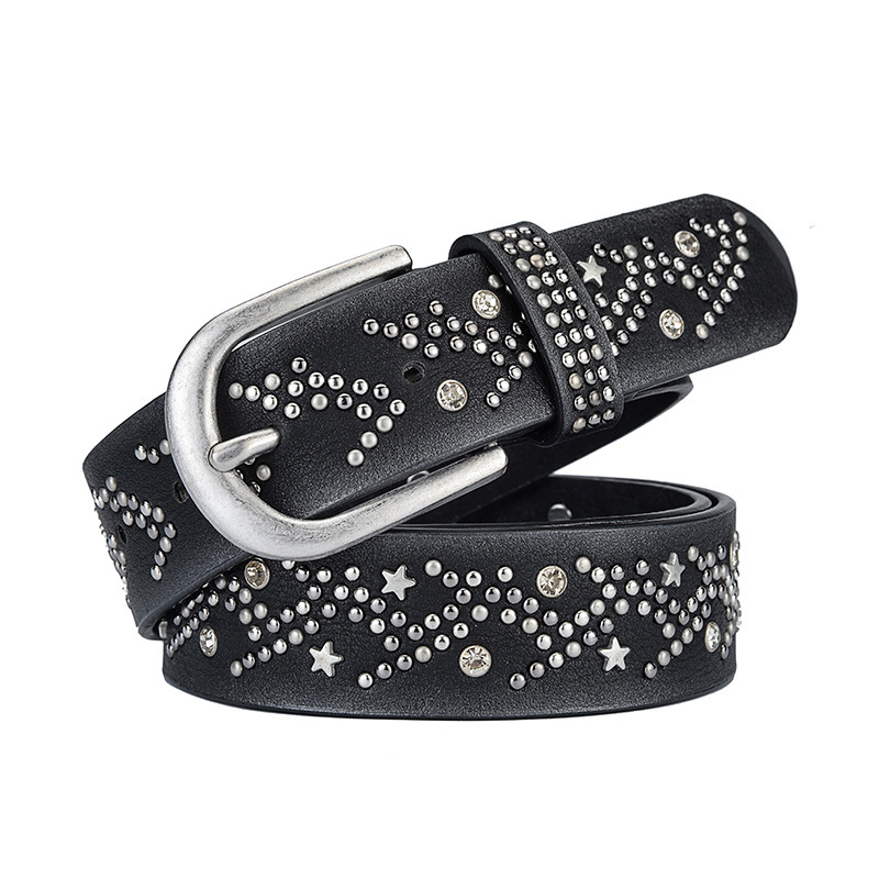 

2021 New Split + Pu Rivet Inlay Stars for Fashion Pin Buckle Waist Women Belts Luxury Brands Leather Belt Female 6pos, Black