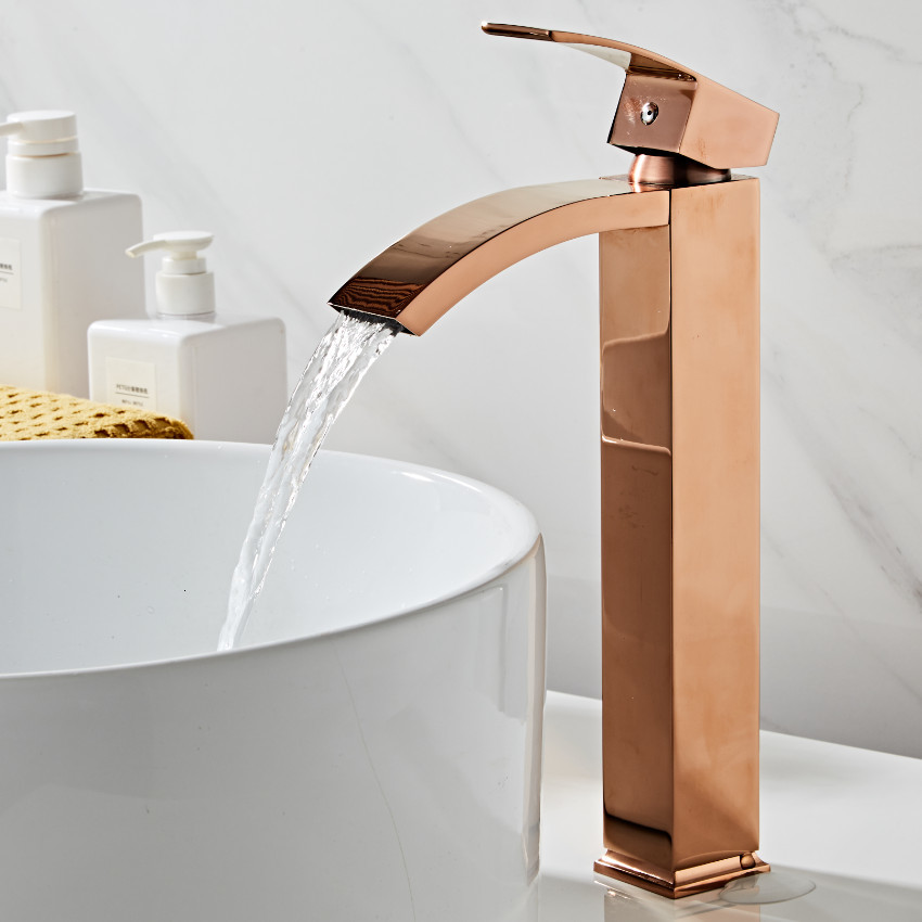 

2021 New Basin Brass Bathroom Single Handle Torneiras Para Pia De Banheiro Rose Gold Sink Wash Waterfall Faucet X3ld
