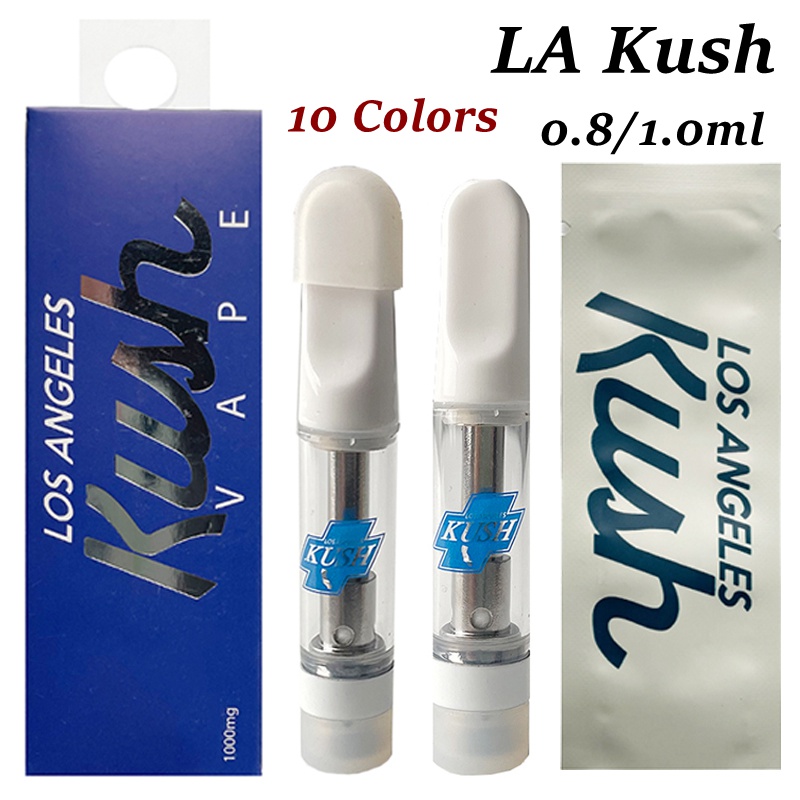 

10 Colors LA Kush Vape Cartridges 1.0ML Oil Carts Dab Wax Atomizers Cartridge Packaging E Cigarette Ceramic Coil White Tip Glass Thick 510 Thread Empty