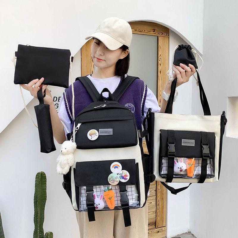 

Backpack Schoolbag Female Ins Style Korean Elementary School Campus Cute Fashion Junior High Large-capacity, 5-piece set-bear a1