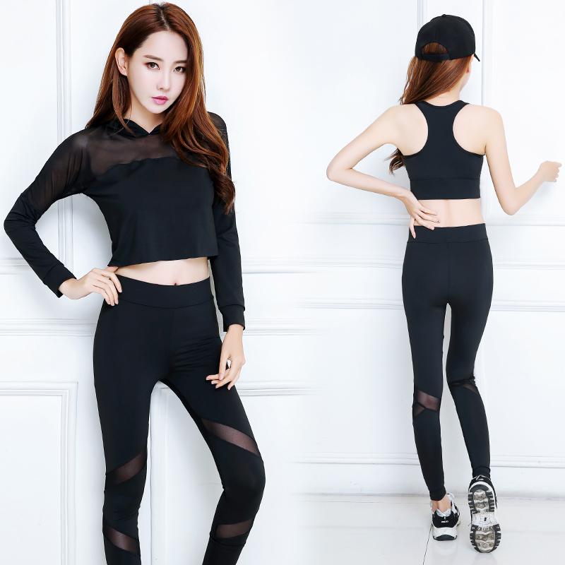 

VERZY new solid black sexy mesh 3 pieces yoga set pants+hoodie+bra outdoor running suit women sportswear slim fitness bodysuit, As pic