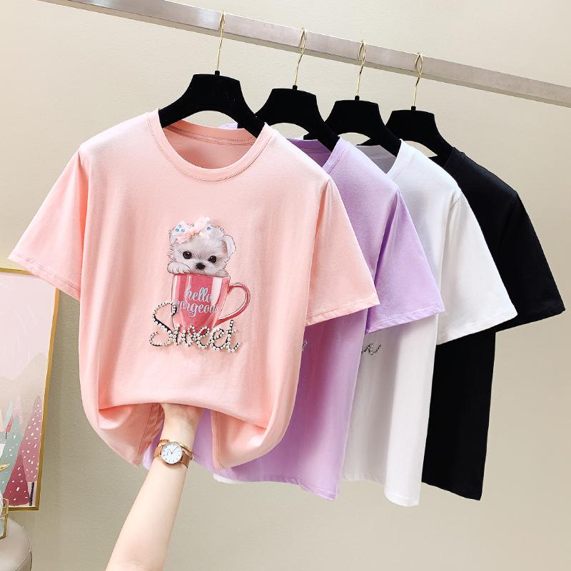 

Women's T-Shirt Summer 100% Cotton T Shirt Women Korean Fashion Beading Letter White Top Short Sleeve Cartoon Tee Femme 2021 Girls