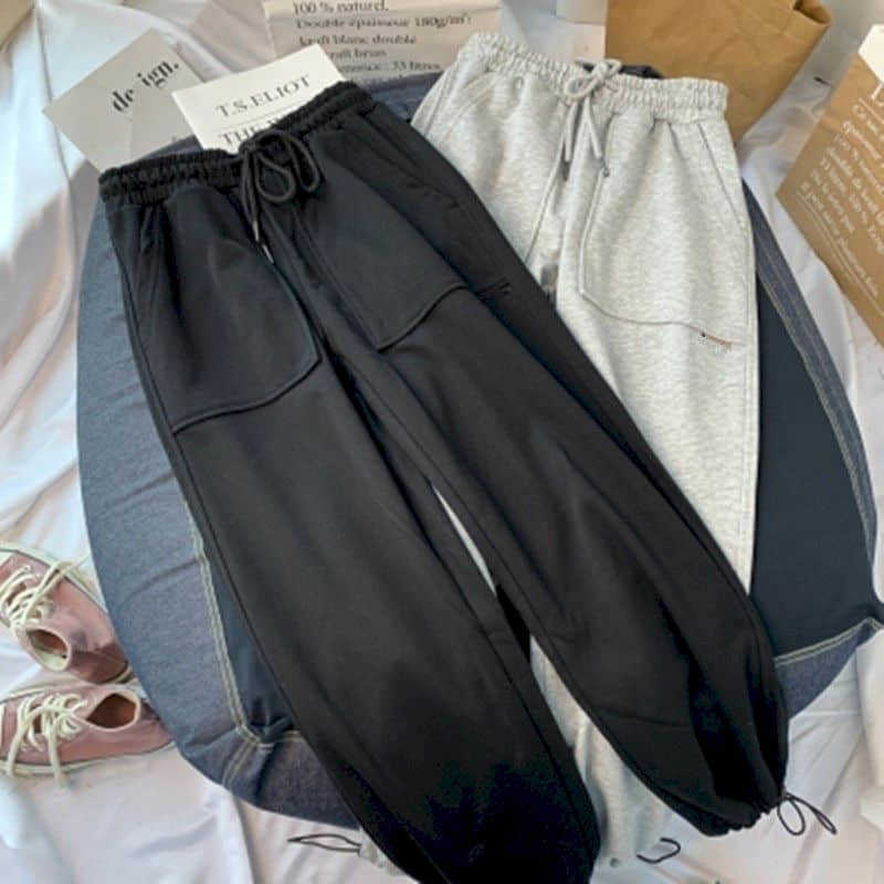 

Men women trousers casual pants large loose-fitting feet, solid color sports fat sister drawstring nine-point 100KG 210526, Black