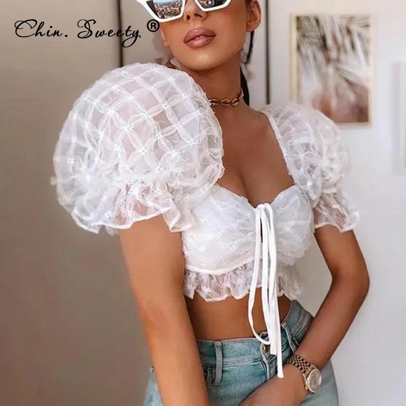 

Women's Blouses & Shirts Ruffle Puff Sleeve Lace Crop Top Square Collar Drawstring Zipper Female Short Blouse Lady Sweet White Patchwork