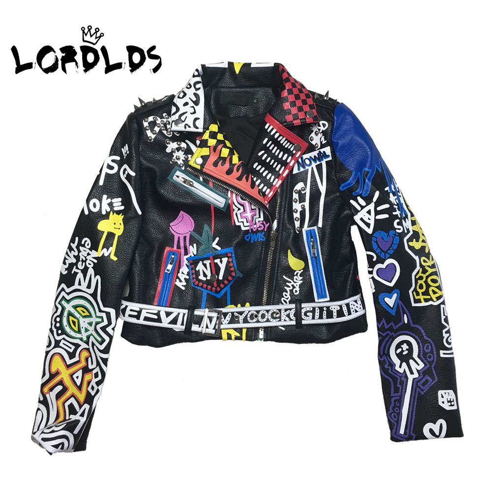 

LORDLDS 2019 Leather Jacket Women Graffiti Colorful Print Biker Jackets and Coats PUNK Streetwear Ladies clothes, Black