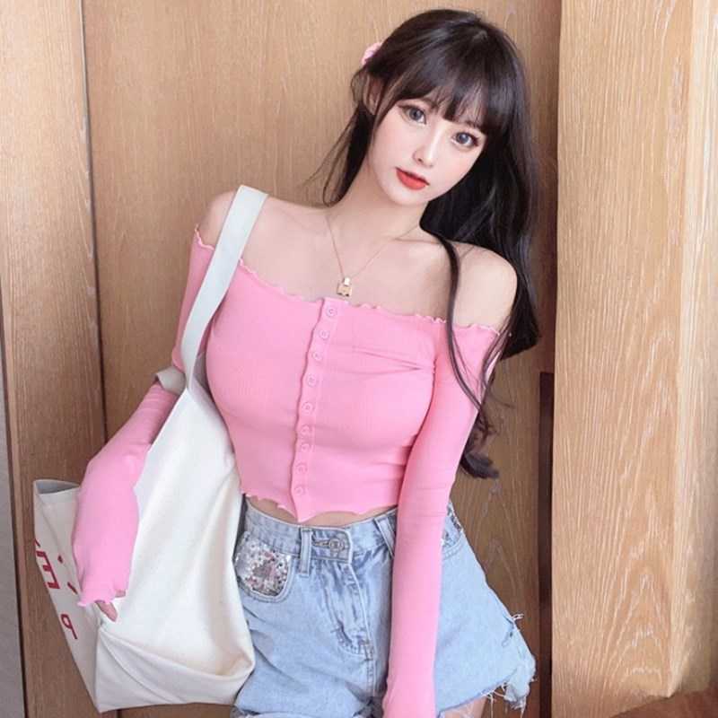 

autumn and winter Korean version of woman tshirts with wooden ears tight-fitting sexy knitted top short 210604, Pink