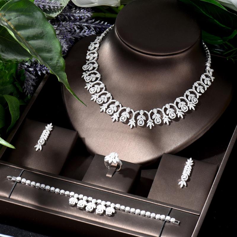 

Earrings & Necklace HIBRIDE Full Cubic Zirconia And Earring Set 4pcs Women Bridal Jewelry Sets Dubai Wedding Bijoux Female N-1119, Silver