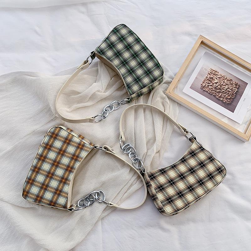 

2021 Spring and Summer New Korean Version of The Trend Grid Bag Quadrille Plaid Vintage Simple One-shoulder Sloping Fairy Bag, Black plaid