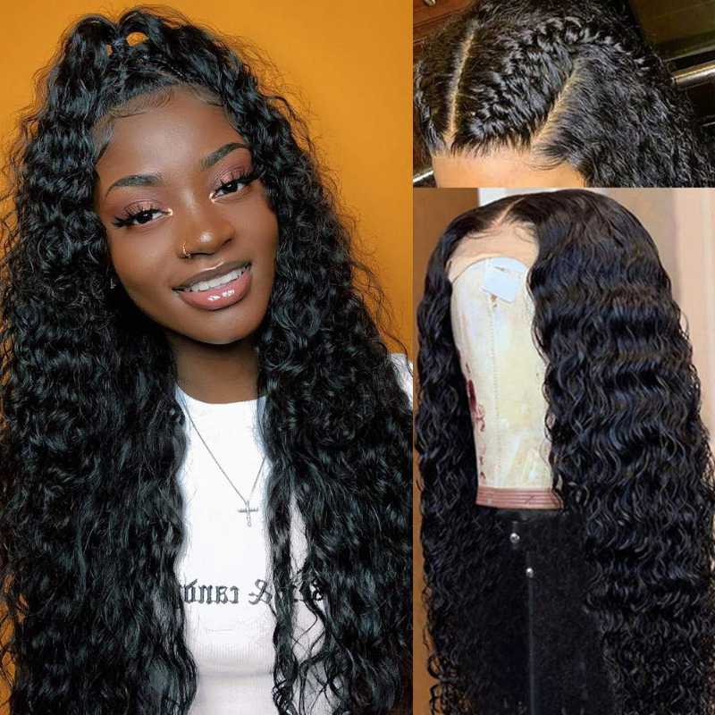

Deep Curly Lace Front Wig Human Hair Wigs For Black Women Deep Wave 4x4 Glueless Lace Closure Wig Prelucked Hairline 180%, As pic