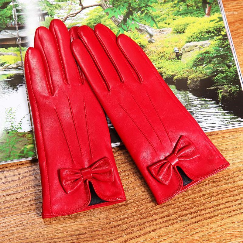 

Latest Lambskin Butterfly Knot Real Leather Gloves Female Winter Plus Velvet Thicken Red Woman's Sheepskin L61221