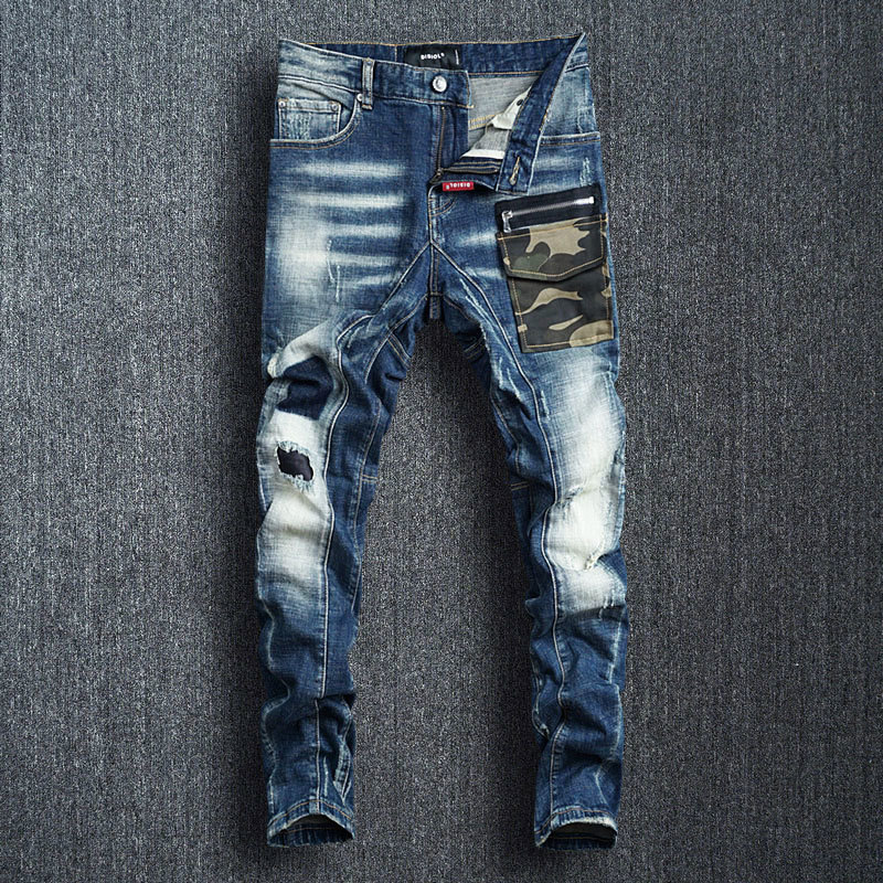 

2021 New Italian Fashion Retro Blue Slim Fit Camouflage Patch Pocket Designer Hip Hop Men Streetwear Spliced Ripped Jeans Defq
