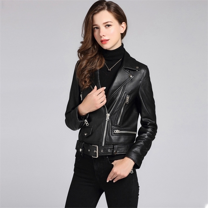

Street Faux Leather Jacket Women Slim Zipper With Belt Black Coats Ladies Biker Motorcycle Short Pvc Jackets Female Coat 210525