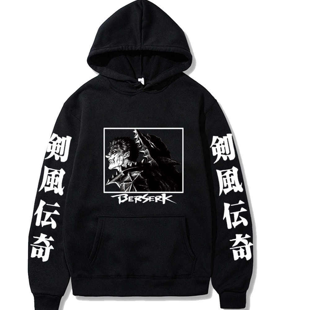 

Hot Anime Hoodie Berserk Fashion Pullover Tops Long Sleeve Man Cloth X0601, Black