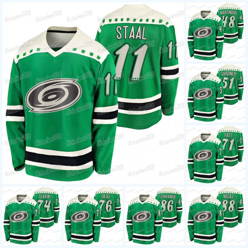 

Carolina Hurricanes 2021 St. Patrick's Day Dougie Hamilton Svechnikov Sebastian Aho Haula Teravainen Mrazek Slavin Niederreiter Jerseys, Mens 2021 reverse retro