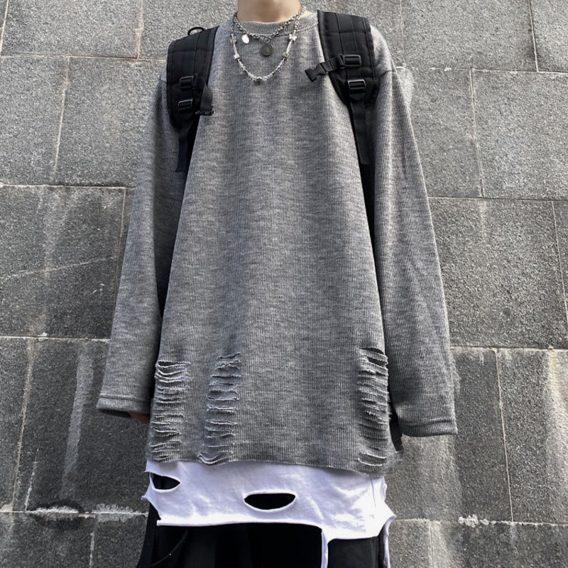 

2021 New Ripped Sweater Men's Fashion Solid Color Casual Knitted Pullover Men Streetwear Loose Fake Two Knitting Sweaters Mens Clothes 167o, Gray