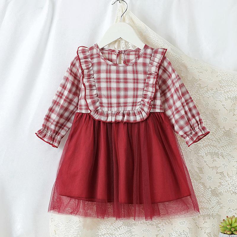 

Girl's Dresses Casual Baby Girl Dress 3M-3Y Spring Autumn Long Sleeve Princess TuTu Crew Neck Party Plaid Patchwork Tulle, Red;yellow