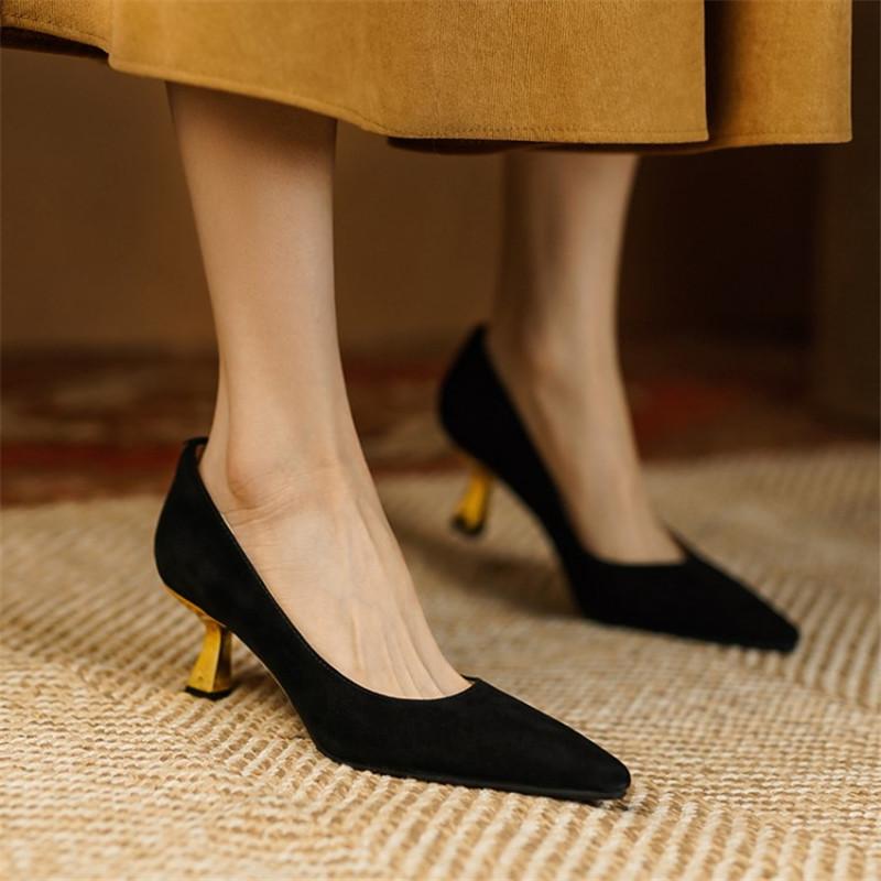 

Dress Shoes 2022 Spring Genuine Leather Pumps Ins French Commuter Heels Slip-On Pointed Toe Thin Heel Woman Zapatos Para Mujer, Black