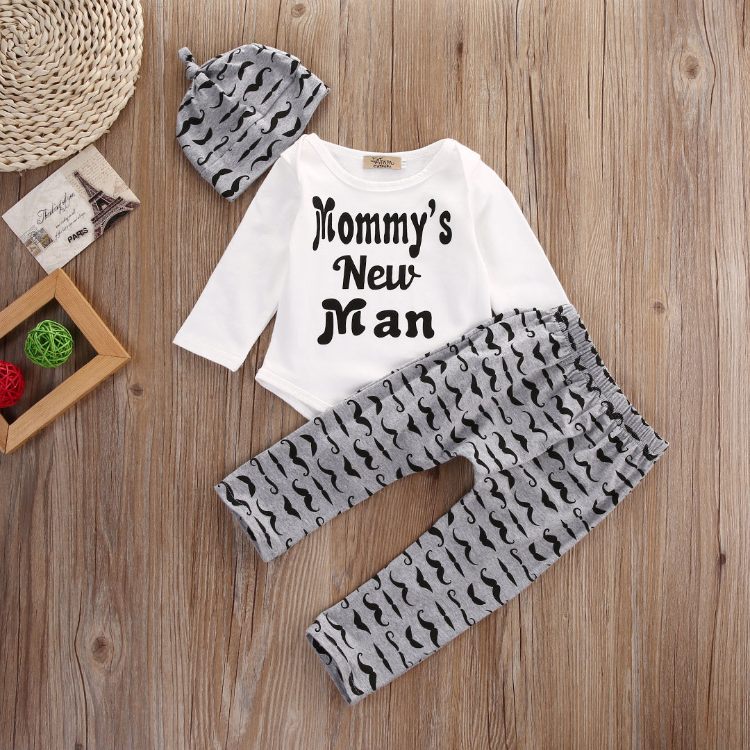 

0-18M Baby Boy Clothes Lovely Print Bodysuit Tops Newborn Long Pants Hat Outfits Cute 3PCS Set, White