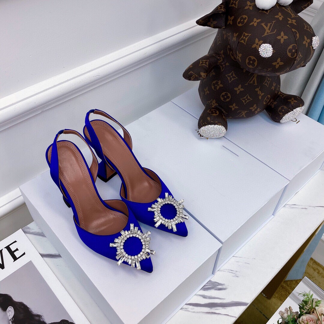 

New summer 2021 wine glass with European and American wind after empty leather single shoes pointed rhinestone sunflower high heels for wome, Black
