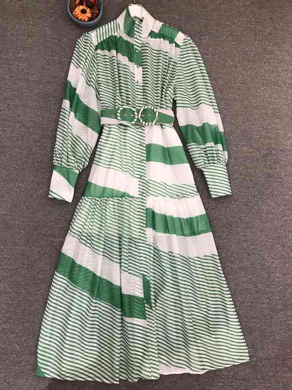 

Street Style Dresses 202 early autumn holiday style stand-up collar, lantern, sleeve, stripe, color contrast, print, big swing, long dress UQFT, Multi
