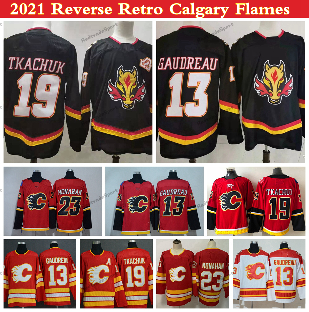 

2021 Reverse Retro Black Calgary Flames Hockey Jerseys 19 Matthew Tkachuk 13 Johnny Gaudreau 23 Sean Monahan Stitched Jersey Home Red Classic White Mens S-XXXL