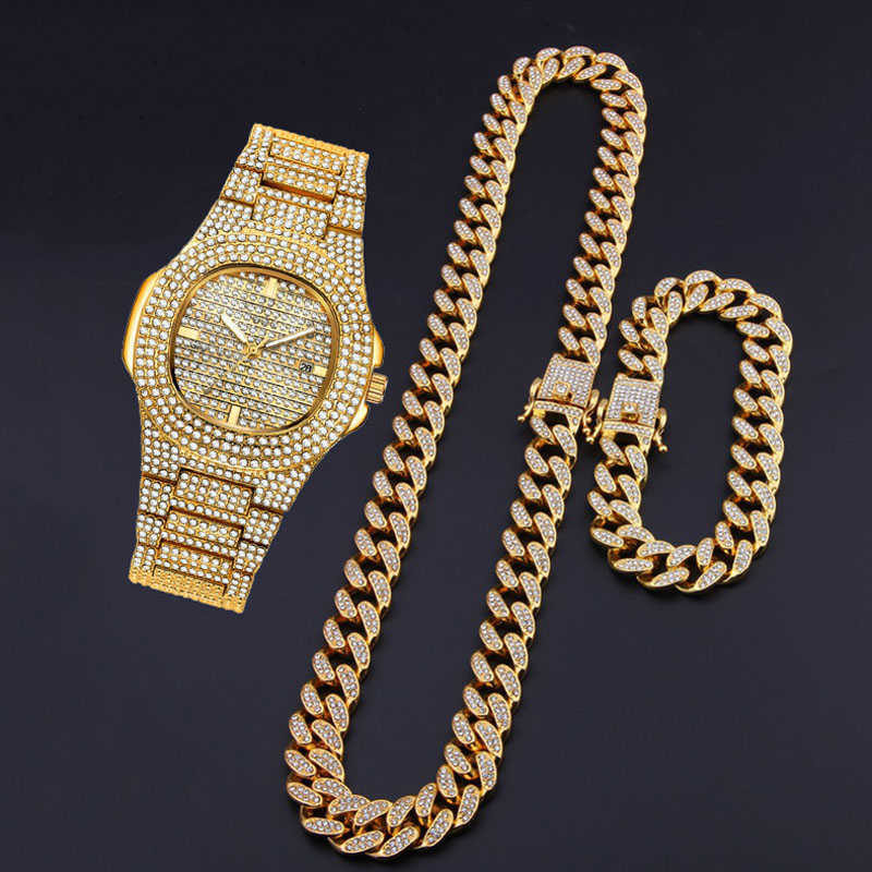 

Iced Out Watch Chain Hip Hop Watches Mens 2010 Bling Gold Diamond Watch for Men Waterproof Wristwatch Mens Reloj Diamante Hombre H1012, Gold 8inch