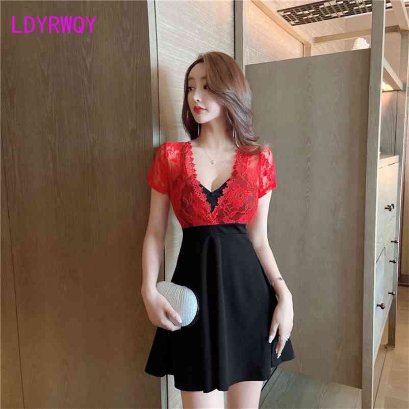 

Nightclub Sexy Lace Crochet V-neck low cut waist dress Office Lady Sheath Solid Knee-Length 210603, Red