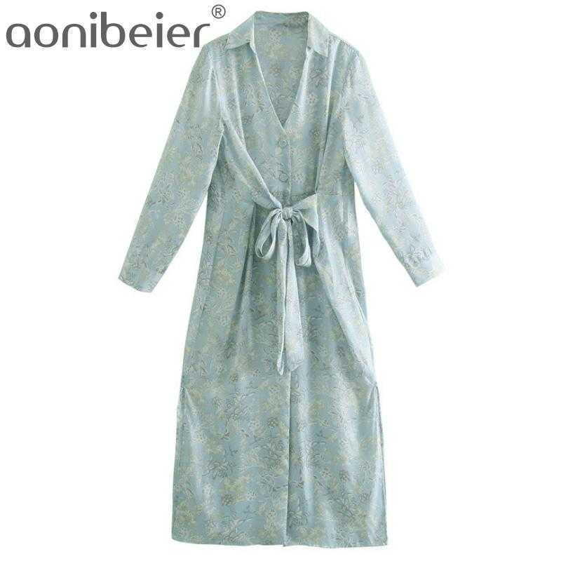 

Spring Za Floral Print Woman Long Shirt Fashion Knot Sleeve Elegant Dresses For Women Chic Vintage Dress 210604, Green