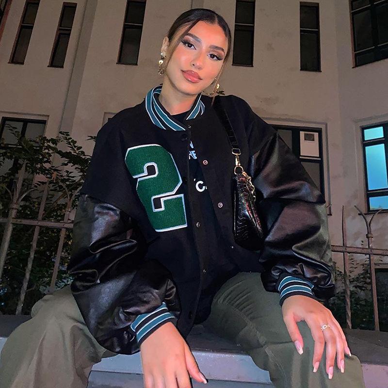 

Women's Jackets Women Letter Embroidered Pattern Patchwork Coat Autumn Winter Long Sleeve Button Cool PU Jacket Fashion Loose Cardigan, Black;brown