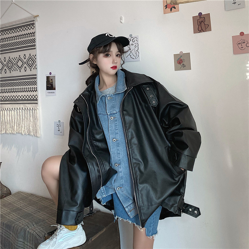 

women's leather & faux korean outerwear leather female jacket spring released designer harajuku lady casual streetwear black sleeve lon