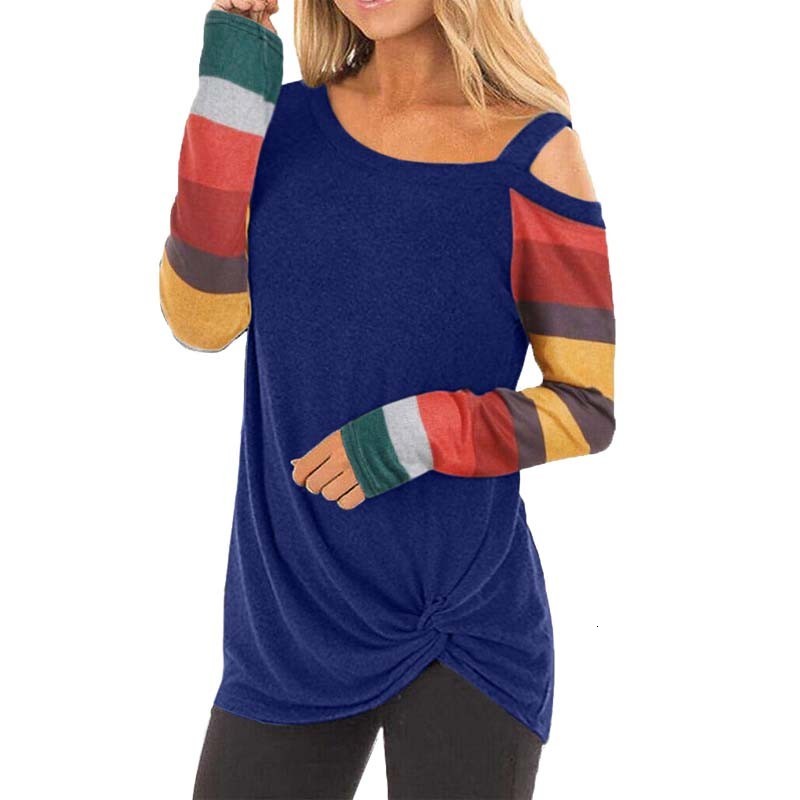 

2021 New Striped Off Shoulder t Women Fashion Skew Collar Long Sleeve Oversized Tops Casual Tee Shirt Femme Ropa Mujer Uctc, Blue