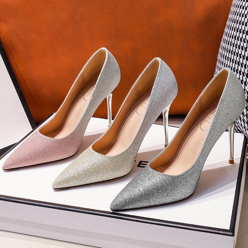 

Dress Shoes 2021 Gradient Color Sequins Bridal Pumps High-heel Wedding Super High Stiletto Large Size 43 Ladies Banquet, Grey silver 9cm