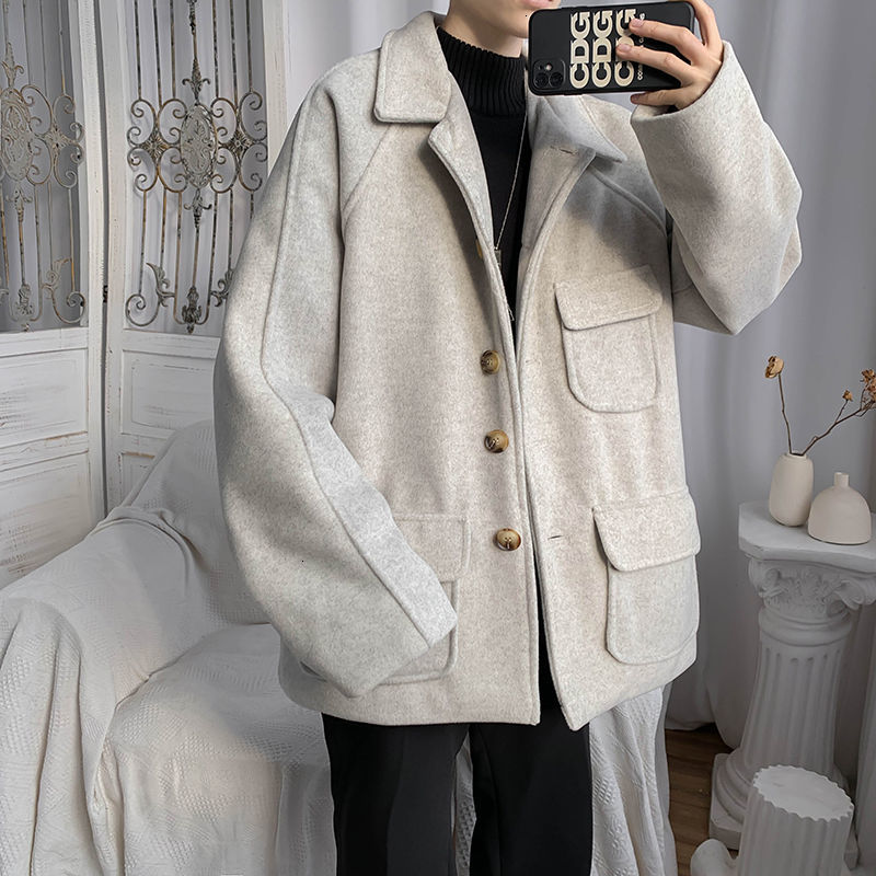 

2021 New Style Short Men's Fashion Casual Multi-pocket Coat Men Autumn Winter Woolen Jacket Mens M-2xl H29h, Gray
