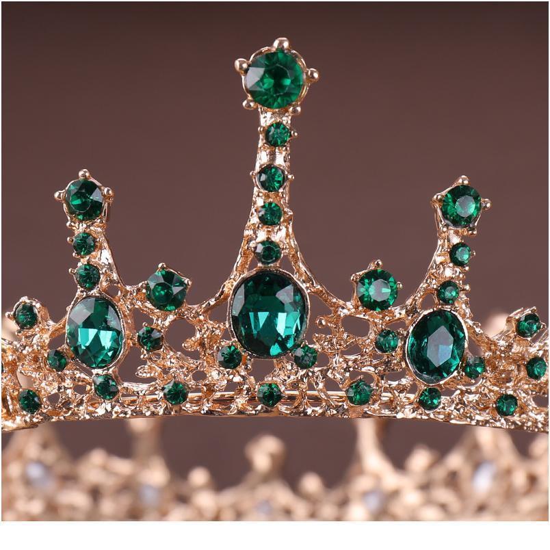 

Vintage Baroque Green Crystal Round Queen Crown Wedding Tiara Bridal Diadem Gold Color Headpiece Dress Wedding Hair Acc jllKft